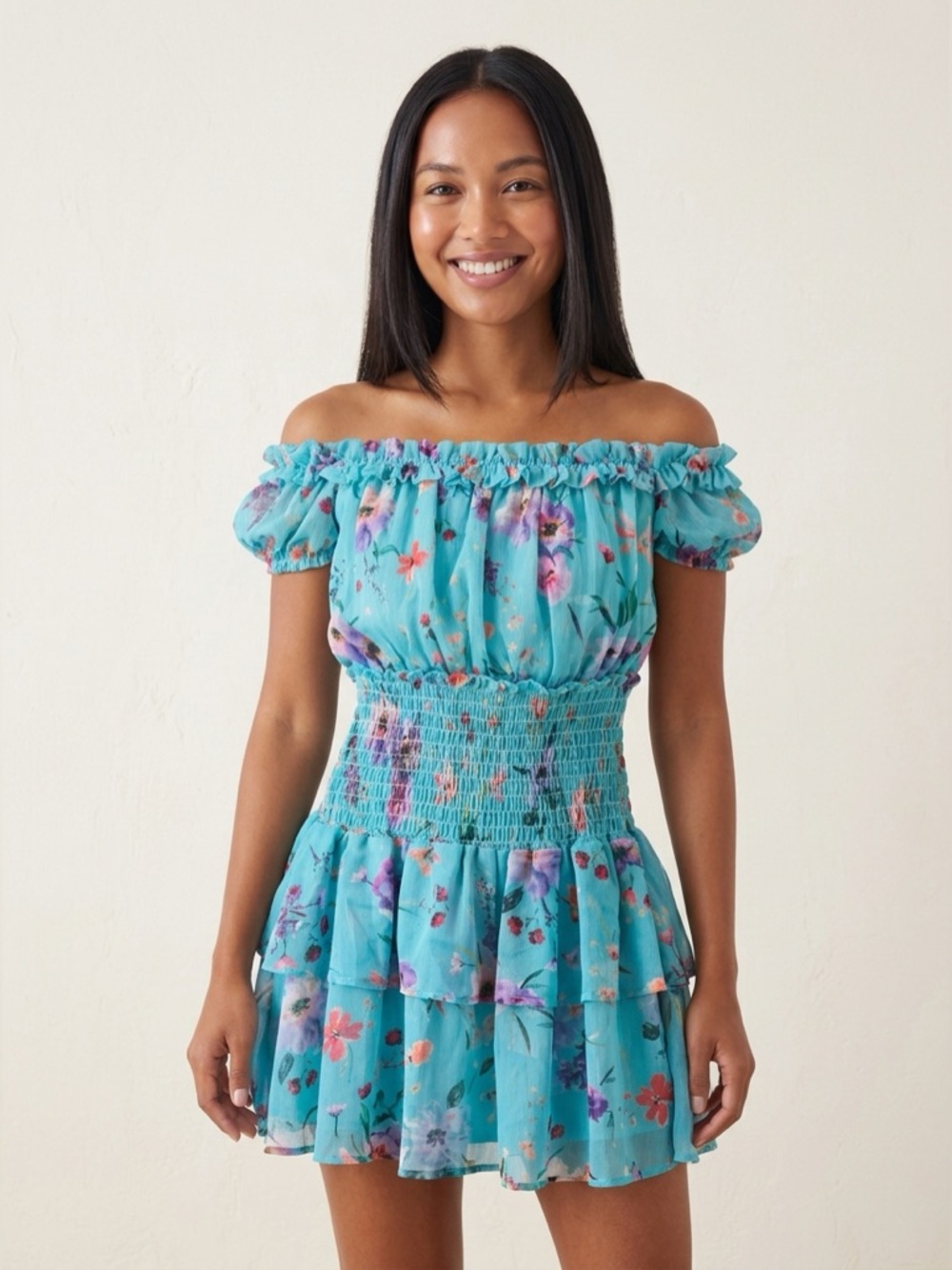 413. Rays for Days, Teal Floral Smocked Romper 13” P2P S